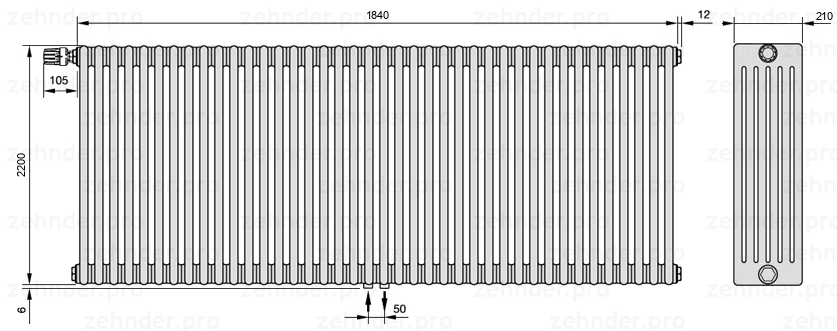 Схема (чертеж) Радиатор Zehnder Charleston 6220/40 №V007 Белый глянцевый RAL 9016